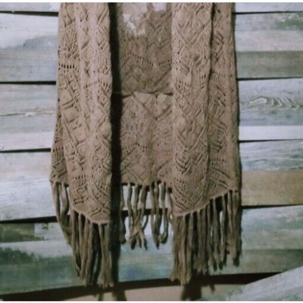 Jeanne Pierre Womens Large Tan Cotton Knit Sleeveless Fringe Vest Boho Laganlook